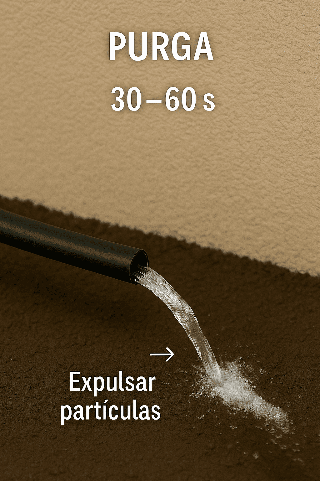 purga-sistema-riego.jpg" alt="Purga del sistema de riego por goteo: expulsar partículas durante 30–60 segundos desde el tubo 16 mm